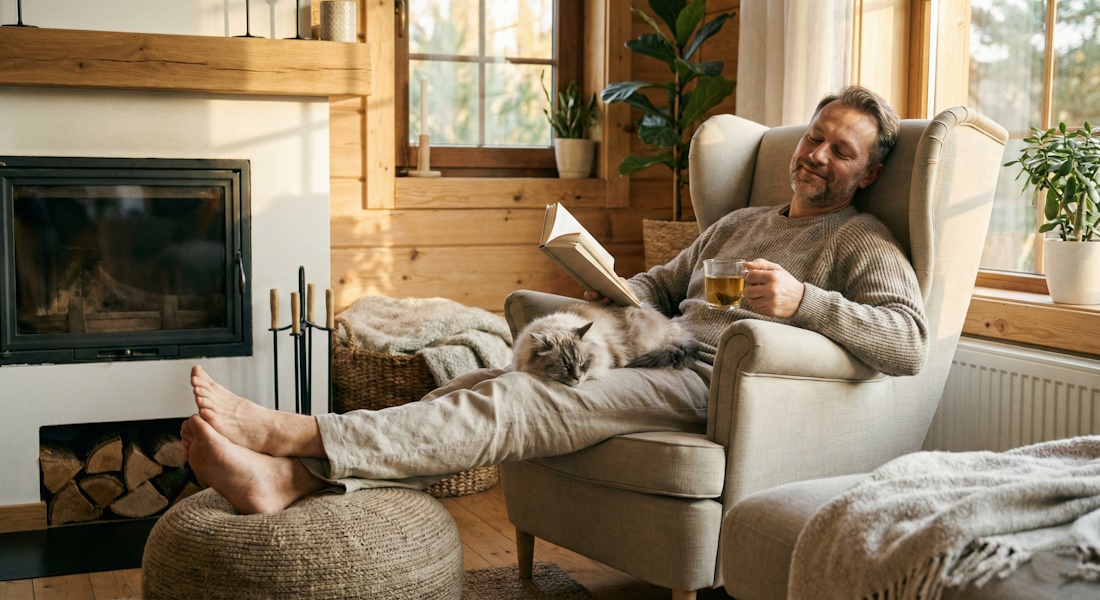 Mężczyzna 50+ relaksujący się w domu z książką