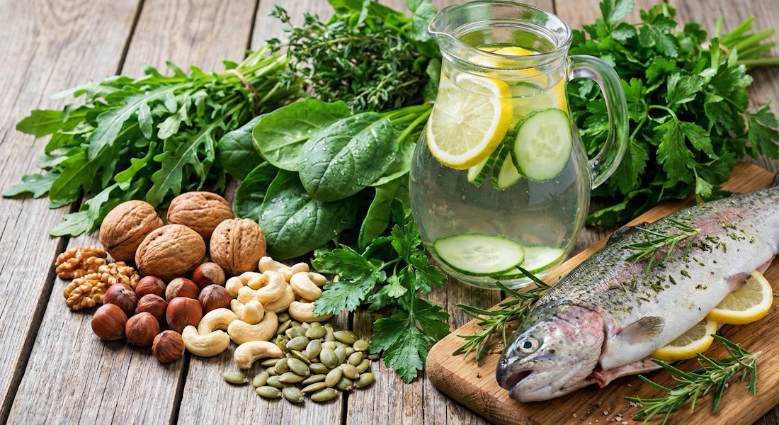 Zdrowe jedzenie: orzechy, łosoś, zielenina